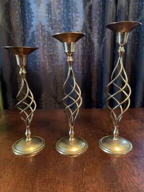 Vintage BRASS CANDLESTICK Holders 3 Candle Holders Spiral Twist